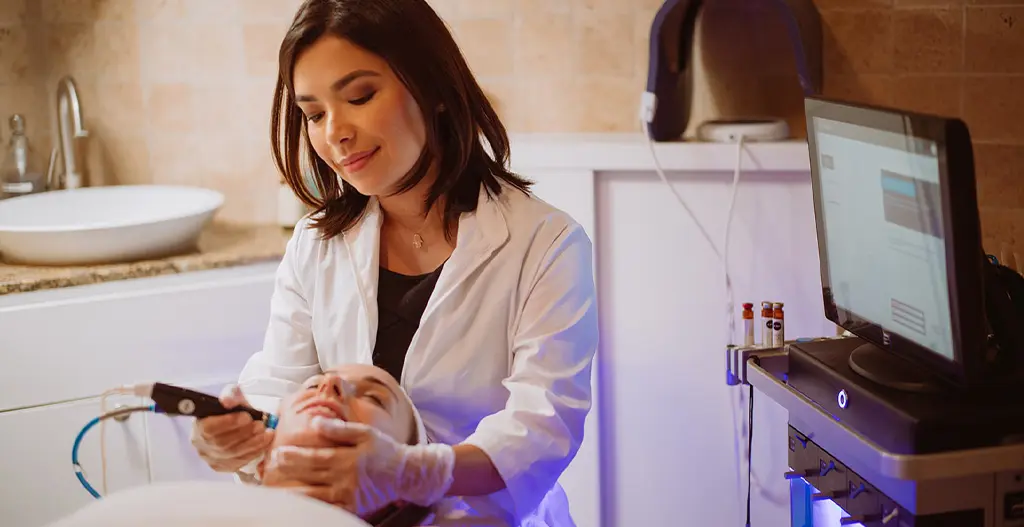 Esthetician providing HydraFacial treatment at LA clinic